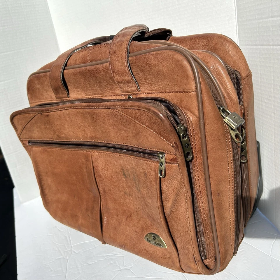 SAMSONITE CUERO Coñac Tostado Bolso con Ruedas Maletín Viaje Laptop Equipaje de Mano Foto 1 de 4