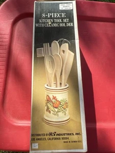 Vintage 8 Piece Kitchen Tool Set With Ceramic Holder With Vegetable Design NRFB - Picture 1 of 2