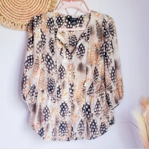 Etcetera, Silk Taupe Feather Print Button Front Peasant Blouse Top, Size 12 - Picture 1 of 8