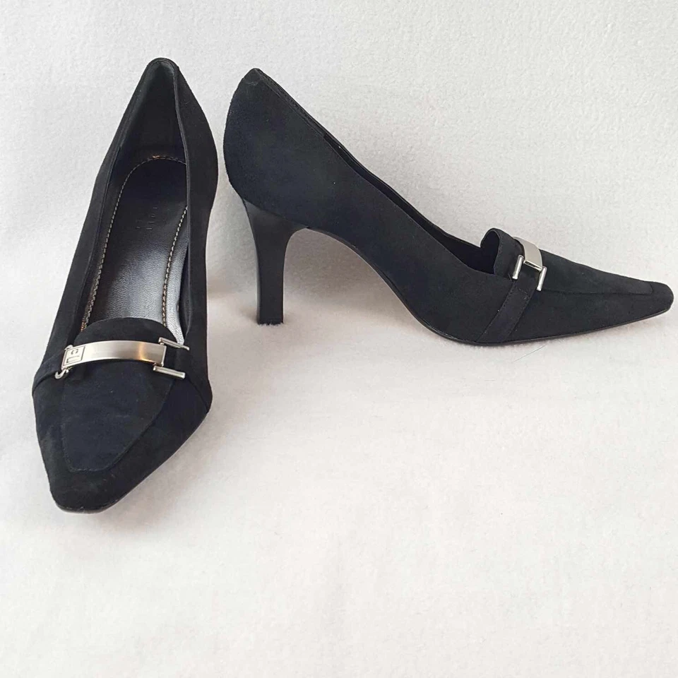 Zapatos de tacón negros de 3,5" para mujer talla 9 parte superior de cuero gamuza + suelas de cuero Foto 1 de 4