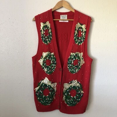 Vintage 90s Marisa Christina Large Christmas Knit Sweater Vest LONG Past Hips - Image 1 of 4