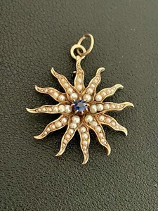 14Kt Yellow Gold Antique "Sunburst" Lab sapphire and seed pearls Pendant (Q12) - Picture 1 of 5