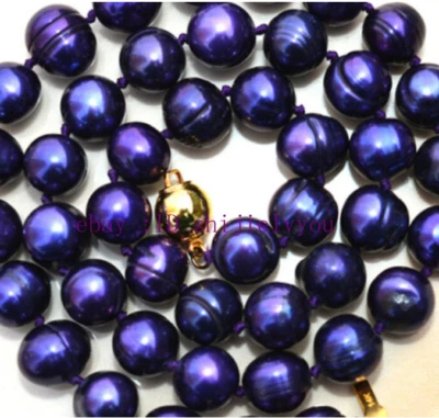 18” Nuevo COLLAR DE PERLAS CULTIVADAS DE AGUA DULCE REDONDAS Azul Púrpura 9-10mm Foto 1 de 4