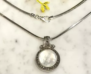 Sterling Silver Onyx MOP Two Sided Pendant / 925 Italy Snake Chain 23”L Necklace - Picture 1 of 15