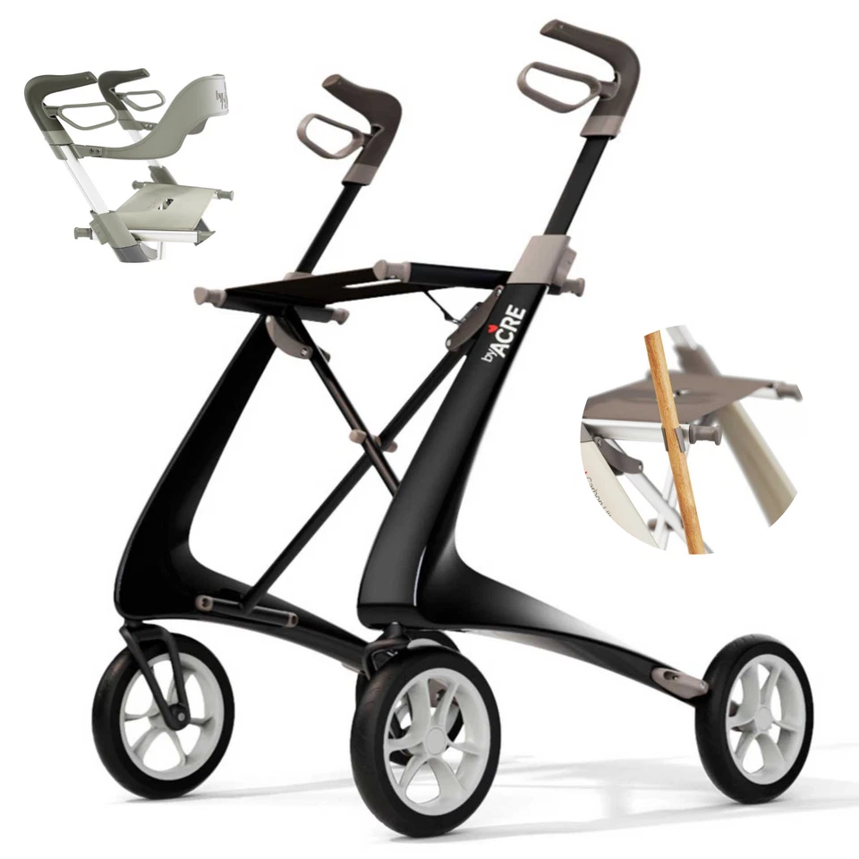Acre Carbon Ultralight Rollator Komfort Schwarz Rückengurt Stockhalter Tasche