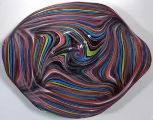 24" HAND BLOWN GLASS ART PLATTER WALL/TABLE, BLACK PINK GREEN BLUE DIRWOOD  n850 - Picture 1 of 8