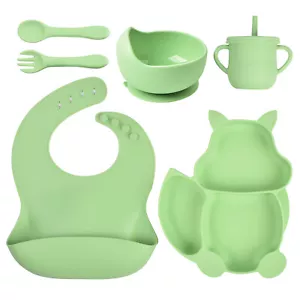 Baby Feeding Set Silicone Weaning Supplies with Plate Bowl Bib Spoon Fork Cup - Picture 1 of 31