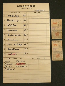 Rara tarjeta de alineación de tigres de los Yankees vs Tigres de Detroit 4/14/1971 con boletos a juego - Imagen 1 de 5