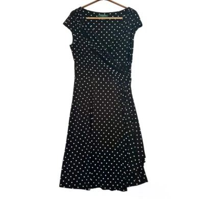 Vestido Ralph Lauren Para Mujer Imitación Envolvente Lunares Manga Gorra Negro Talla 10 Cuello en V Foto 1 de 4