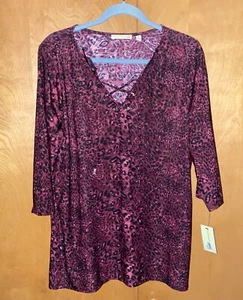 Notation Woman Long Sleeve Roll Up Blouse 1X Burgundy Printed NWT - Picture 1 of 8