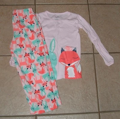 Girls Sz 5 Fox & Bunny Print Soft Fleece Pants & Shirt 2 Pc Pajama Set CARTER'S - Image 1 of 3