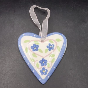 Ceramic Hanging Heart Ornament Blue Floral Ribbon Wall Decor Gift 4in Decoration - Picture 1 of 6
