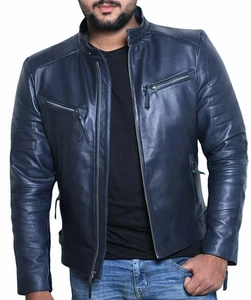 Men's Navy Blue Genuine Soft Lambskin Leather Jacket Biker Motorcycle Coat - Picture 1 of 6