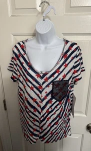 Women's Patriotic T-Shirt USA Flag LRG 4th of July V-Neck Short Sleeve Top Bling - Picture 1 of 6
