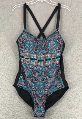 Ava Viv One Piece Swimsuit Women Size 14W Geometric Front Black Back - Image 1 of 4