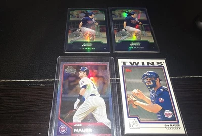 Lote de 4 tarjetas Bowman 2004 refractor cromado Joe Mauer + Topps RC Foto 1 de 2