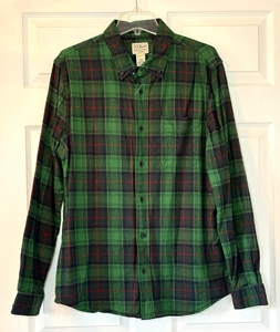 LL BEAN Men's Plaid Slim Fit Flannel Cotton Shirt Size L #510590 Green Red EUC - Picture 1 of 9