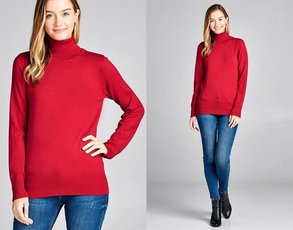 Rojo ~ Suéter Delgado Calce Ajustado Cuello Tortuga Manga Larga Suave Ligero Talla Mediana Foto 1 de 1