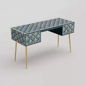 Bone Inlay Study Table, Desk Table, Console Table Modish Geometric Sea Green - Picture 1 of 4