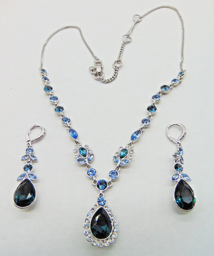 GIVENCHY Set Collana Orecchini Cristalli Blu Strass Floreali Argento Tono Firmati