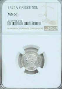 1874 GREECE SILVER 50 LEPTA GEORGE I NGC MS 61 SCARCE MINT STATE BEAUTY - Picture 1 of 5