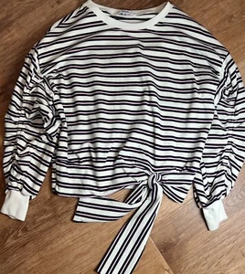Kensie Womens Crewneck Sweatshirt Top Size S Striped Tie Waist Cinched Sleeves  - Picture 1 of 8