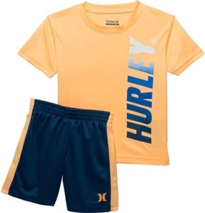 HURLEY Boys Easy Care 2 pc Logo T-Shirt & Shorts Set Melon Tint/Navy Size 7 - Picture 1 of 3