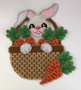 Easter Bunny Rabbit Finished Needlepoint Plastic Canvas Wall Hanging 15” Tall