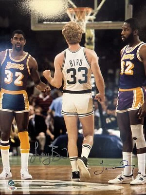 Larry Bird & James Worthy Signed Celtics & Lakers Action 16x20 PSA/DNA BIRD Holo - Image 1 of 4