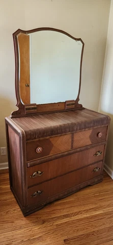 *special*Vintage Art Deco Waterfall 3 Drawer Vanity Dresser inlays walnut oak Cover