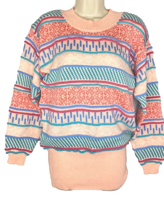 Vintage 1980s striped sweater mini dress S pullover oversized peach pink teal - Image 1 of 4