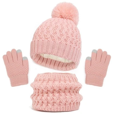 Conjunto de bufanda de guantes de invierno para niños niñas niños pequeños sombreros con cuello tejido con pompón Foto 1 de 4