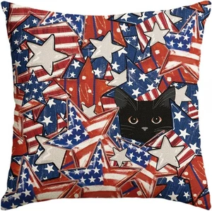 NUEVA 4 de Julio Estrellas Patrióticas Gato Negro Funda Almohada 18 X 18 USA ORGULLO - Imagen 1 de 7
