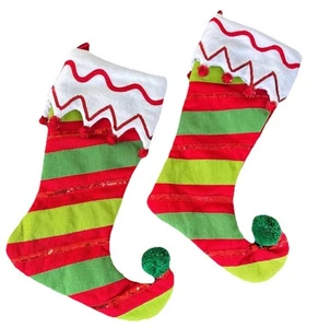Elf Christmas Stocking Set Of 2 Striped Poms Holiday Decoration Sequin 17” - Picture 1 of 7