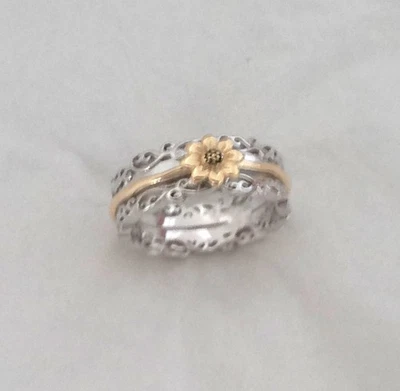 New S925 Silver Filigree Band Encircled by Goldtone Sunflower Spinner Band - Image 1 of 4