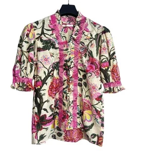 Lola Australia Top Womens XL Cotton Button Down Floral Blouse Ruffle Shirt - Picture 1 of 9