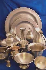 Huge VINTAGE PEWTER 13 pc Collection Lot: Plates, Pitchers, Cups, ... - Picture 1 of 14