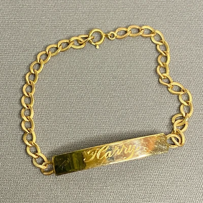 Vintage 14k Gold ID Bracelet 7" in  5.4 Grams Engraved Harry textured Curb link - Image 1 of 4