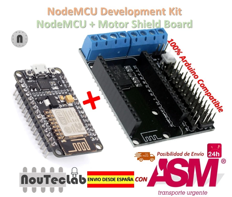 NodeMCU + Motor Shield Development Kit WIFI ESP-12E ESP8266 esp 12E for Arduino - Imagen 1 de 1
