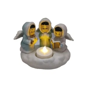 Trío de ángeles de nieve de porcelana Giftco años 90 con candelabro de invierno Tealight - Imagen 1 de 8