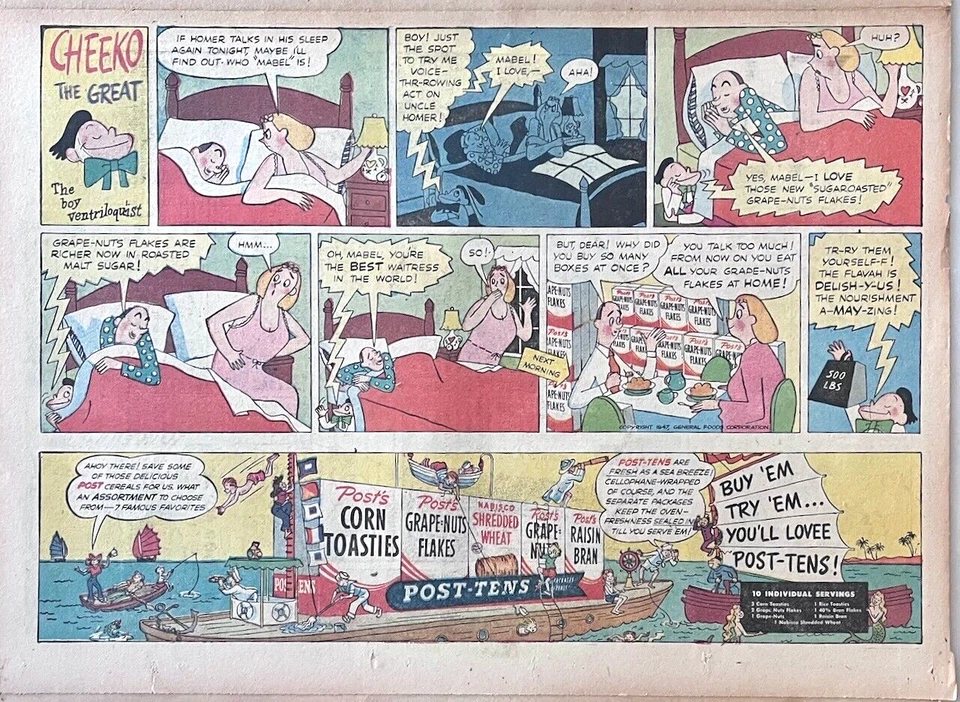 1947 newspaper comic ad for Post cereal - Cheeko boy ventriloquist  fools parent - Image 1 of 1