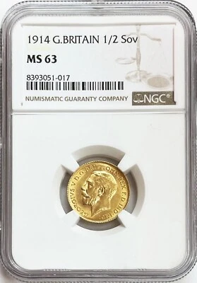 1914 GOLD GREAT BRITAIN 1/2 HALF SOVEREIGN COIN NGC MINT STATE 63 - Image 1 of 2