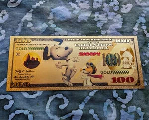 24k Gold Foil Plated Peanuts Charlie Brown (Snoopy) Banknote. Mint! - Picture 1 of 2