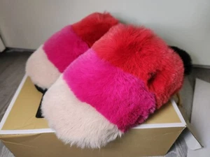 MICHAEL KORS Elsie Slingback Flat Slippers White Pink Red Fur MK - Size UK 5 - Picture 1 of 10