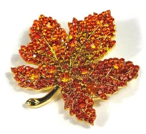 48mm Red Orange Rhinestone Maple Leaf Brooch Fashion Lapel Pin Badge + Gift Box - Picture 1 of 9