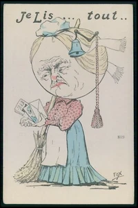 Misoginia cómico humor horrible mujer conserje espía todas las cartas antigua década de 1910 postal - Imagen 1 de 2
