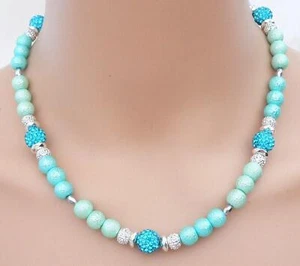 Halskette Glas Perle Kreppperle Blautöne Türkis Aqua Mint Pavè Strass 118 - Bild 1 von 12