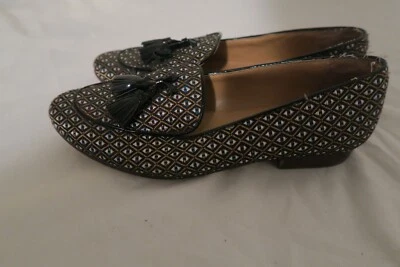 Zapatos mocasines J Crew para mujer negros con borla jacquard de tacón apilado talla 6 Foto 1 de 4