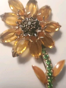VNTG Honey Citrine & Amber Topaz Rhinestone Long Stem Juliana Flower Brooch   S8 - Picture 1 of 11