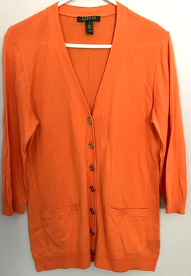 Suéter Lauren Ralph Lauren Mujer Grande Naranja Cárdigan Cuello en V Abotonado Algodón Foto 1 de 4